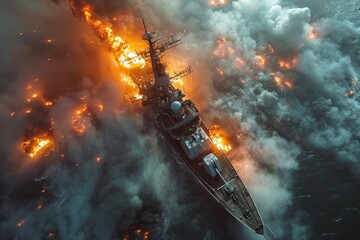 Devastating sight: warship engulfed in flames at sea