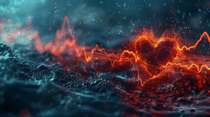Abstract digital artwork featuring a vibrant heart with an energetic heartbeat pulse, against a dynamic, particle-infused backdrop.