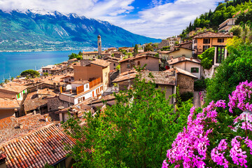 most scenic Italian lakes Lago di Grada , view of beautiful village Limone sul Garda. Lombardy, Italy - 768980587