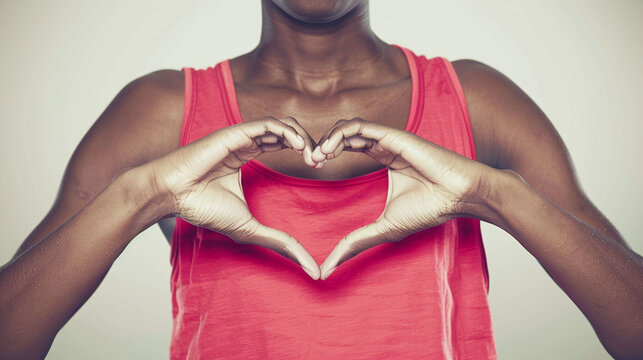 Person in a red tank top making heart shape with hands on a white background. Health and fitness concept with copy space for design and print.


