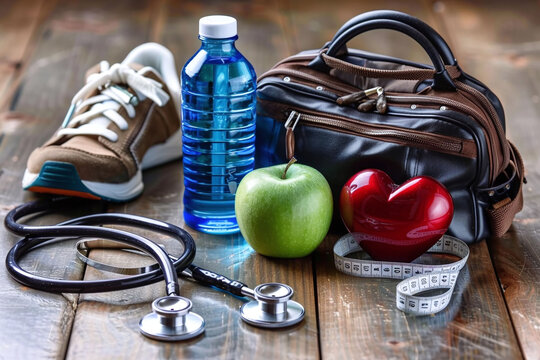 Fitness and health care concept with sneakers, water bottle, gym bag, apple, heart model, and stethoscope on a wooden table.