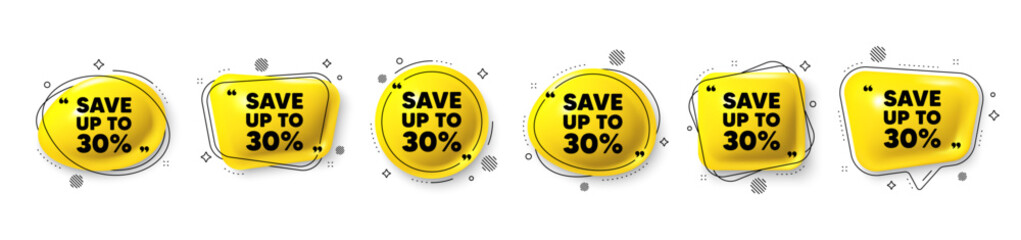 Save up to 30 percent tag. Speech bubble 3d icons set. Discount Sale offer price sign. Special offer symbol. Discount chat talk message. Speech bubble banners with comma. Text balloons. Vector