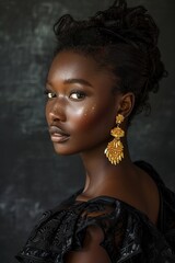 Elegant Woman in Black Dress With Gold Earrings