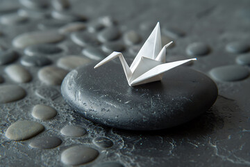 A single origami crane, perfectly folded from crisp white paper, resting on a smooth black stone