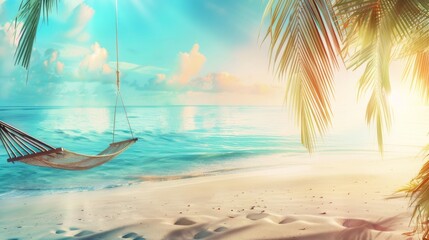 Tropical beach paradise: hammock swinging over white sands, serene sea - perfect summer vacation scene
