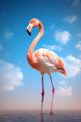 Elegant flamingo standing serenely in calm waters against a clear sky