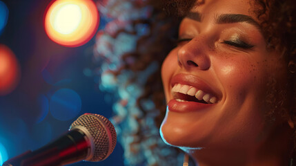 Woman singer with curly hair singing at a concert - obrazy, fototapety, plakaty