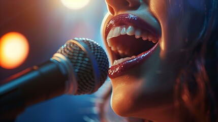 Close-up of a singer singing into the microphone