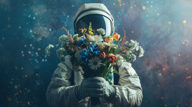 Person in the spacesuit holding big bouquet from spring flowers