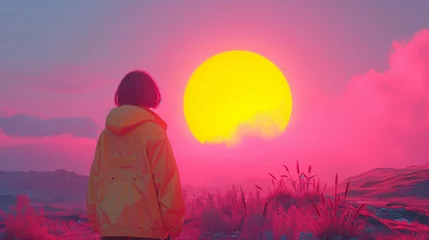 Foto op Plexiglas A young woman with a bob in a yellow hoodie looks at the sunset. © Sutee