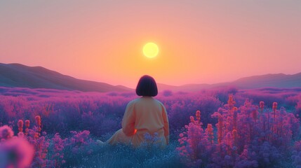 Obraz premium A young woman with short hair in a yellow dress sits and looks at the sun in a lavender field.