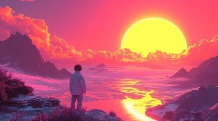 A young man looks at the sunset.