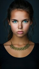 Elegant woman in black dress and necklace in studio setting with ample copy space for advertising