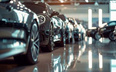 cars in the showroom waiting for sale. Generative AI - obrazy, fototapety, plakaty