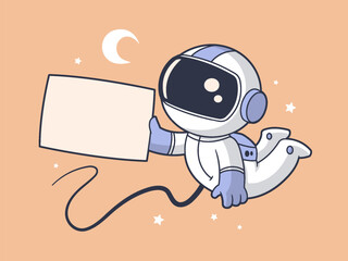 Astronaut in space holding blank message card board vector cartoon illustration in retro vintage style