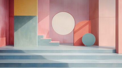 Pastel hues gracefully intertwining on a polished, minimalistic stage, accompanied by subtle geometric details, all brought to life with the precision of an HD camera.