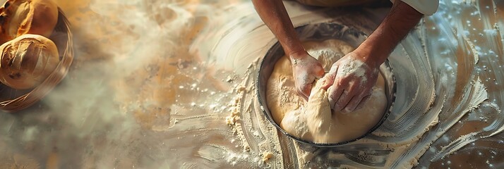 Baker expertly kneading dough in stainless steel mixing bowl on rustic wooden kitchen table.