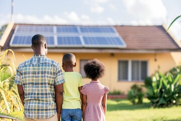 african american father and daughter look at their house which had solar panels installed on the roof. Alternative energy, saving resources and sustainable lifestyle concept.