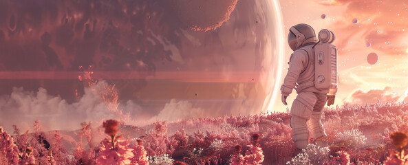 Astronaut walking on the field full of pink flowers on another planet in pink sunshine light - Powered by Adobe