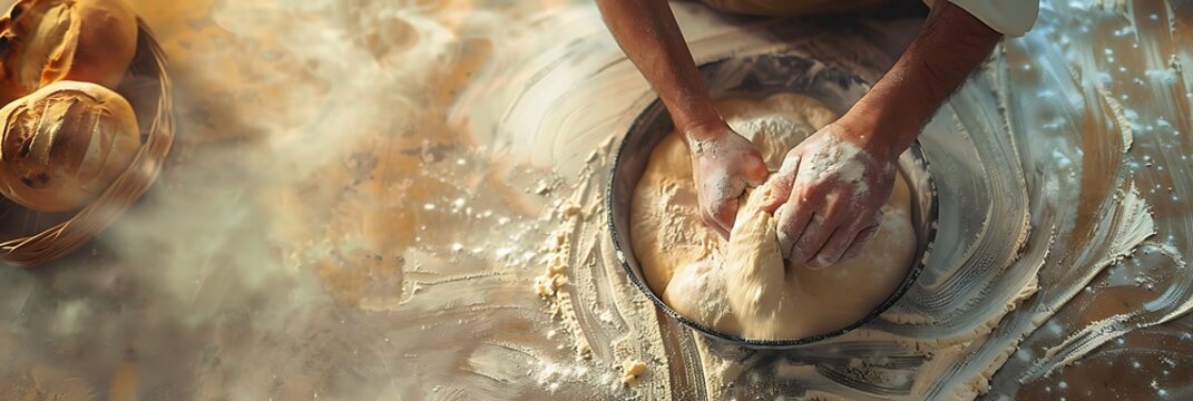Baker expertly kneading dough in stainless steel mixing bowl on rustic wooden kitchen table.