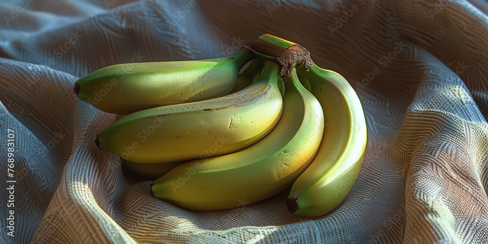 Wall mural fresh green bananas resting on a burlap cloth with natural textural contrast