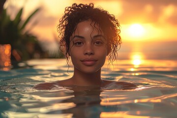 A woman enjoys a tranquil swim at sunset, with the sky ablaze in warm colors. - obrazy, fototapety, plakaty