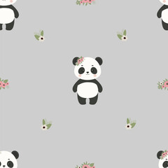 Cute pandas seamless pattern. Baby wallpaper .Gray love bear background