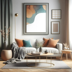 Modern living room with couch, coffee table, flowers, and frame 3D render
