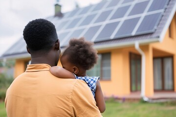 african american father and daughter look at their house which had solar panels installed on the roof. Alternative energy, saving resources and sustainable lifestyle concept.