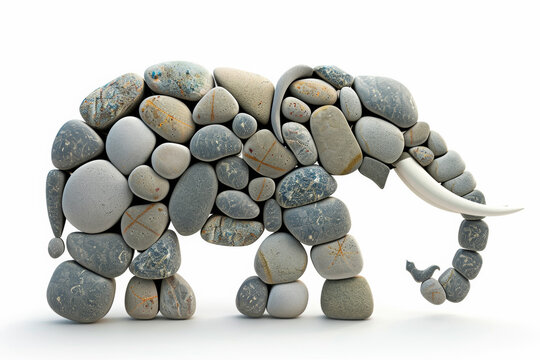 3d image of elephant made of sea stones pebbles standing on white background.
