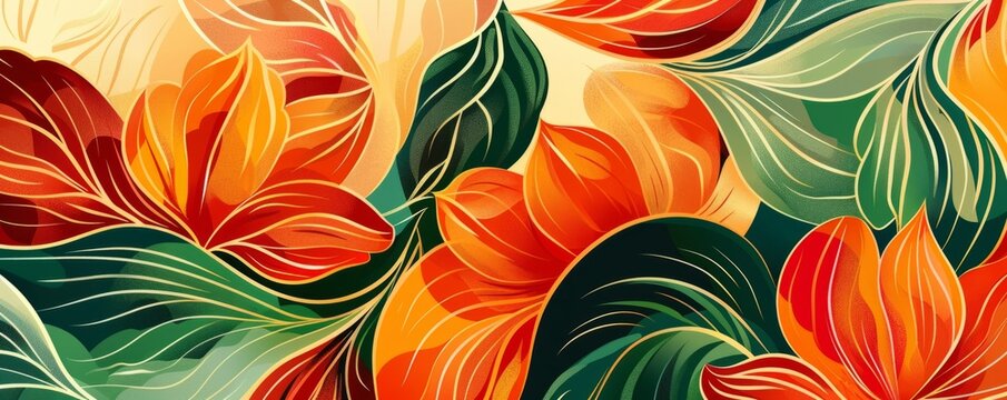 Abstract colorful illustration of flowers and leaves in the style of an art deco poster graphic design with swirling colors, gradients, and a modern aesthetic Generative AI