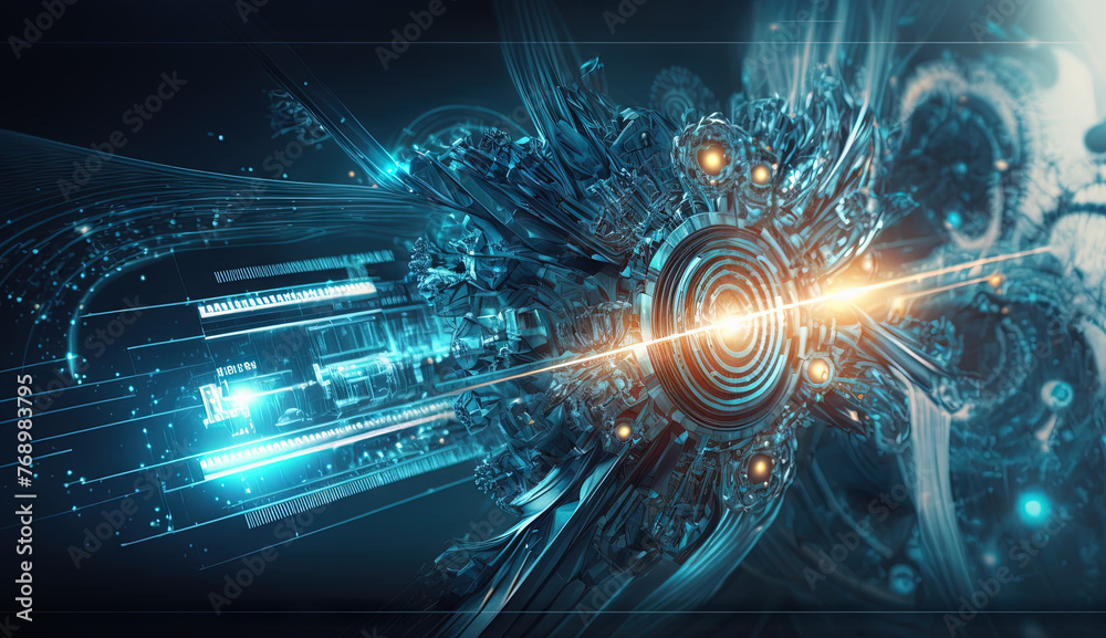 Poster colorful explosion of sci-fi engine and particles. technology abstract with scientific device blast.