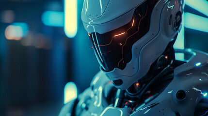 Futuristic Robotic Suit with Advanced Technology. Close-up of a futuristic robot suit helmet with glowing orange lines, symbolizing cutting-edge technology and innovation. - obrazy, fototapety, plakaty