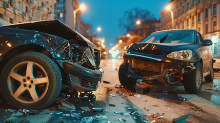 Head-On Collision Between Two Cars at Night. Two cars have experienced a head-on collision at...