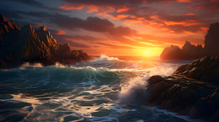 Fantastic big rocks and ocean waves at sundown time. Dramatic scene.