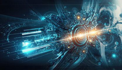 Obraz premium Colorful explosion of sci-fi engine and particles. Technology abstract with scientific device blast.