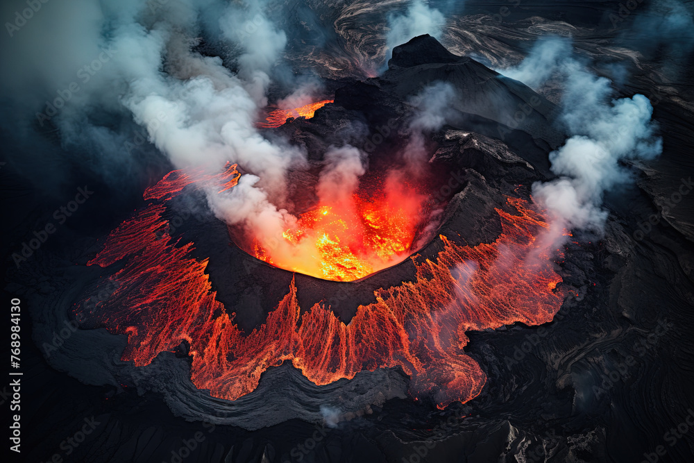 Wall mural volcano eruption from a bird view. volcano crater and magma flow shot from above. genertated ai.