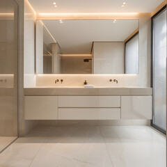 Fototapeta na wymiar A minimalist bathroom with a sleek bathroom vanity- 3Dd render.