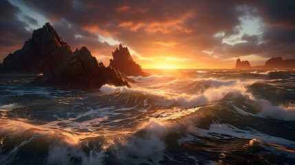 Fantastic big rocks and ocean waves at sundown time. Dramatic scene. - 768984307