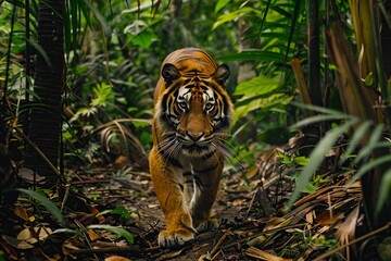 Tiger Walking Through Jungle Filled With Palm Trees