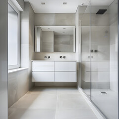 A minimalist bathroom with a sleek bathroom vanity. 3d render.