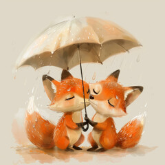Adorable image of two small foxes, one holding the umbrella during rain, kissing other little fox.