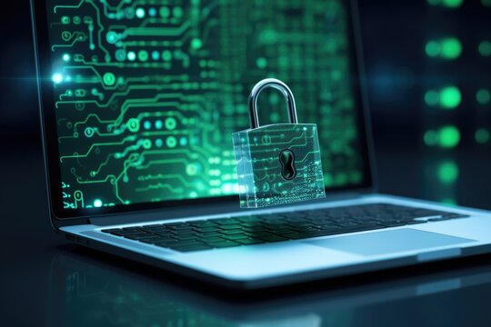 Holographic padlock on a laptop screen, symbolizing data encryption. Laptop Security and Data Protection