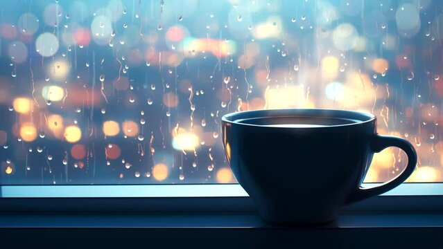 A warm cup of coffee in the window with a soothing rainy vibes. seamless looping 4k time-lapse animation video background