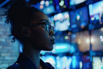 Woman Monitoring Wall of Television Screens