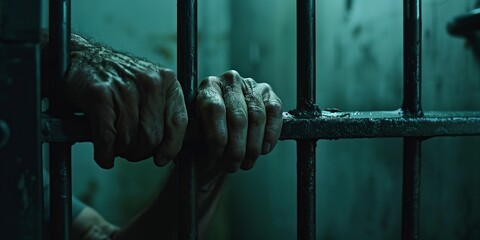 Person Touching Hand on Jail Cell - obrazy, fototapety, plakaty