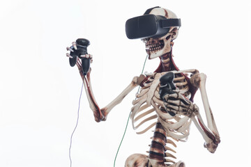 Human skeleton gamer wear with VR glasses headset, holding VR joystick controllers, playing game.