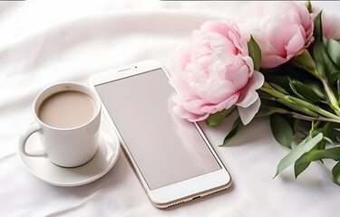 beautiful peony flowers and phone on light wooden table for free