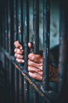 Person Touching Hand on Jail Cell