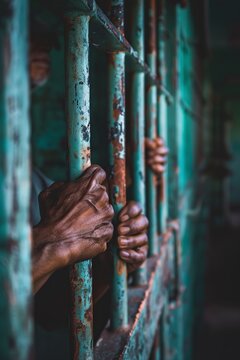 Person Touching Hand on Jail Cell